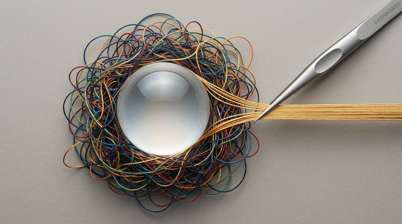 Glass sphere with tangled data threads representing the complexity a dashboard must organise